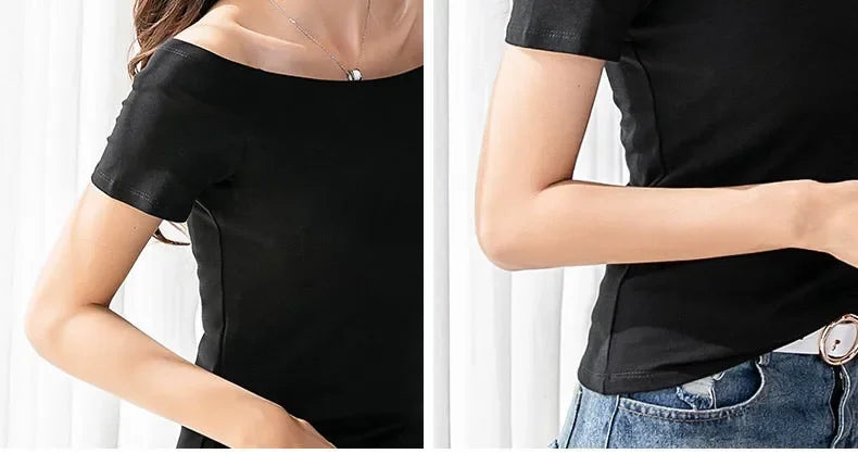 MRMT 2026 Brand New Women's T Shirt Cotton Slim Fit Short Sleeve T-Shirt For Female Off Shoulder Tops One Line Neck Tshirt