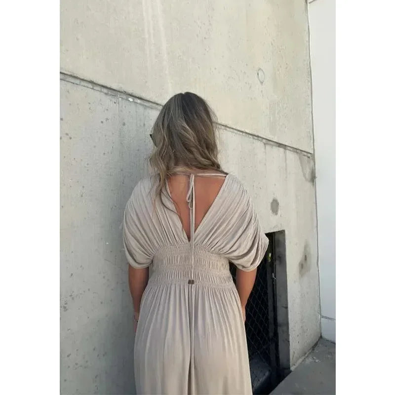 Slit V-neck Effortless Maxi Dress Solid Color Women Backless Leace-up Bat Sleeve Slit Dress Casual Beach Vacation Daily Wear