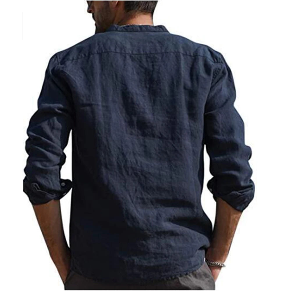 Cotton Linen  Men'S Long-Sleeved Shirts Summer Solid Color Stand-Up Collar Casual Beach Style Plus Size