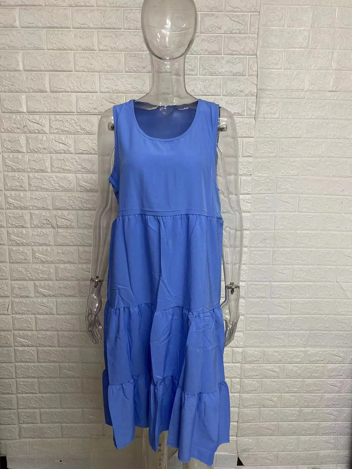 Women Summer Dress Bohemian Sleeveless Round Neck Splicing Big Swing Beach Woman Knee Length Dresses Vestidos JQMY8806