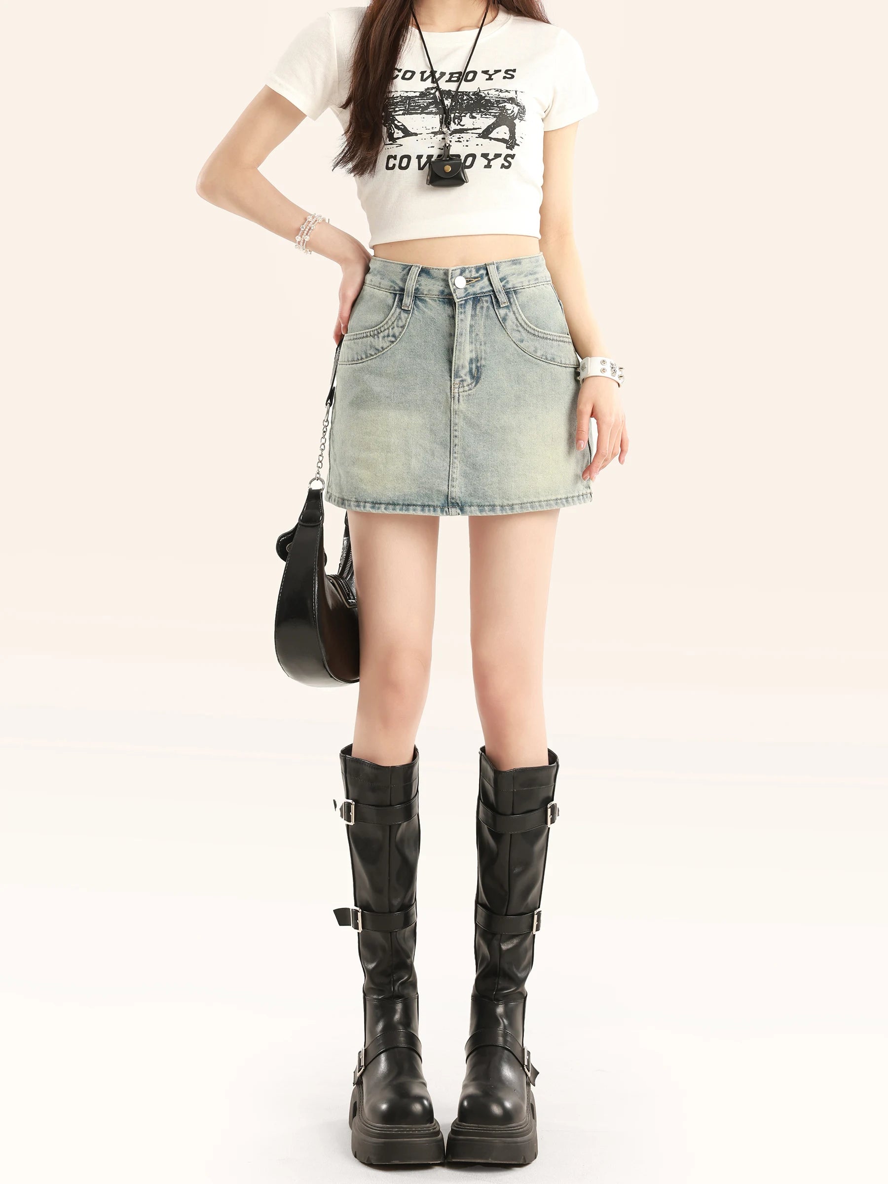 Light Blue Spicy Girl High Waist Denim  Skirt Women's A-Line Bodycon Short Skirt Summer New Style Slimming Anti-Light