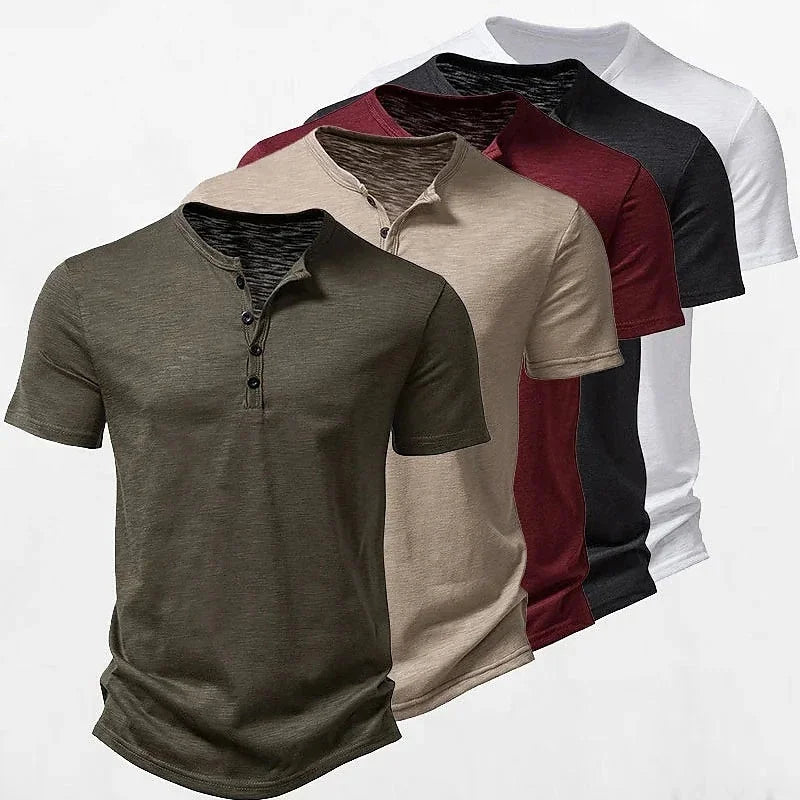 Summer New Men's Cotton Button Short Sleeve Henley Neck T-Shirt Casual Solid Color Breathable Versatile Fashion Slim T-Shirts ﻿
