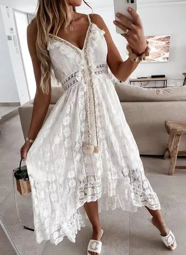 Fashion Summer Camisole Long Skirt Strap Camis Sleeveless Hole Hollow Out Beach Holiday Dress Tassel Sexy Maxi Dresses