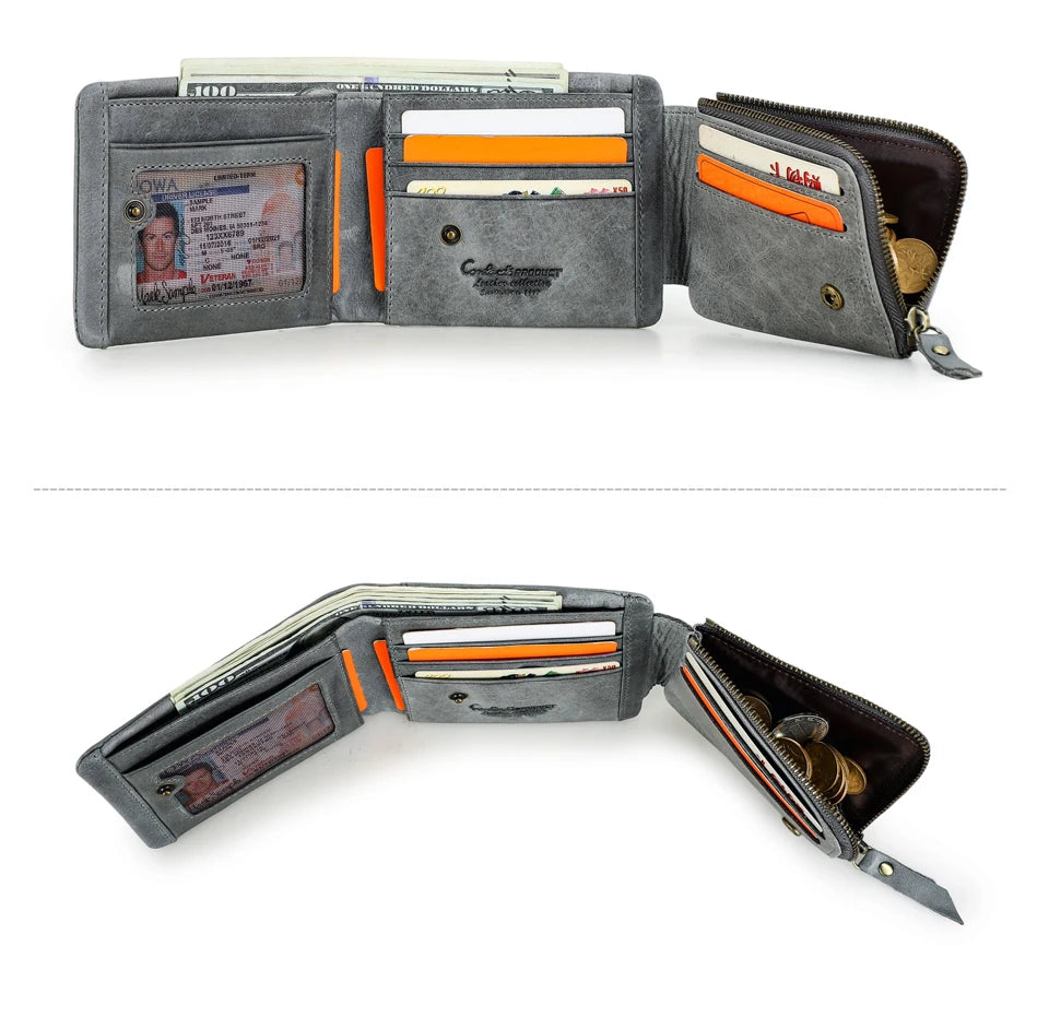 Contact’S Men’s Trifold Wallet - Genuine Crazy Horse Cowhide Leather