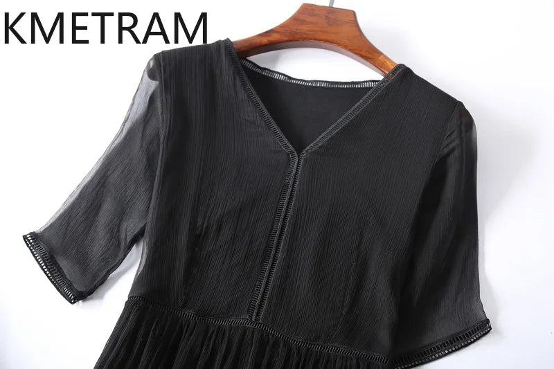 KMETRAM 100% Natural Mulberry Silk Dresses 2025 Woman Summer Elegant V-neck Long Dress Party Frocks Women Clothing Vestidos