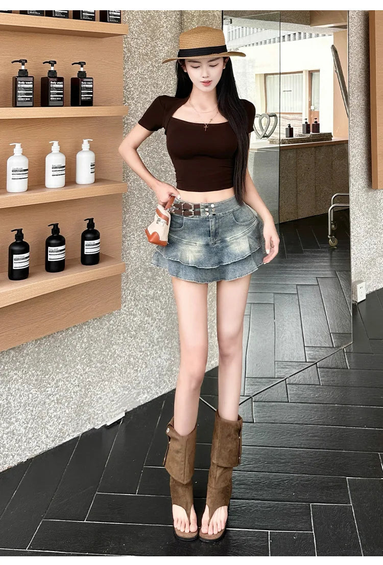 2026 American Pure Desire Spicy Girl Design Elastic Denim Skirt Half-length Pleated Cake Skirt Short Commute High Elasticity