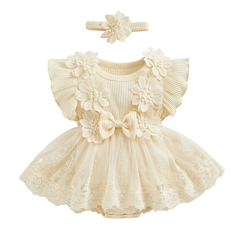 Maemukilabe Baby Girl Lace Tulle Romper Dress With Headband For Toddler Girls 1 To 2 Years Floral Bow