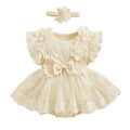 Maemukilabe Baby Girl Lace Tulle Romper Dress With Headband For Toddler Girls 1 To 2 Years Floral Bow