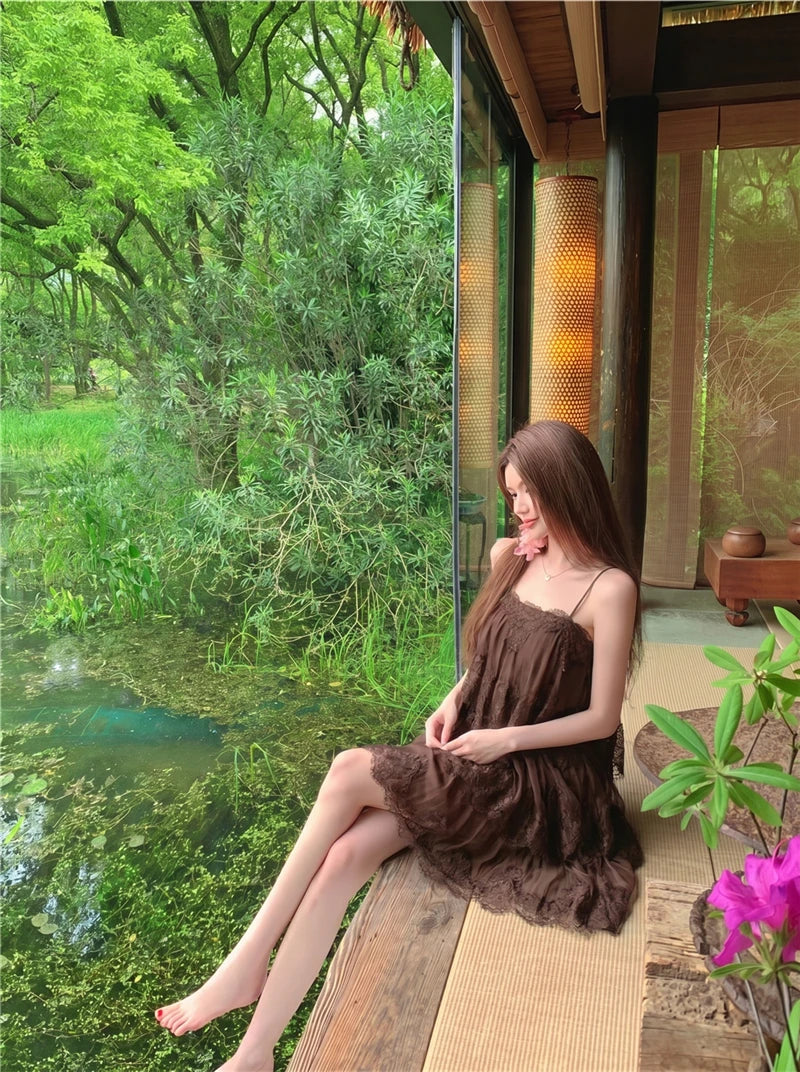 Sexy Splice Lace Heavyweight Strapless Vest Dress Loose Waist Spring Summer Autumn Sleeveless Backless City Commute Daily A-L...