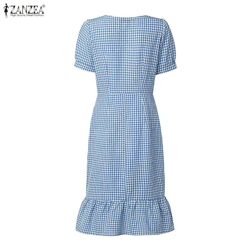 ZANZEA Vintage Gingham Knee-Length Dress Woman Suqare Neck Puff Sleeves Ruffled Hem Dresses Summer Casual Daily Wear Vestidos