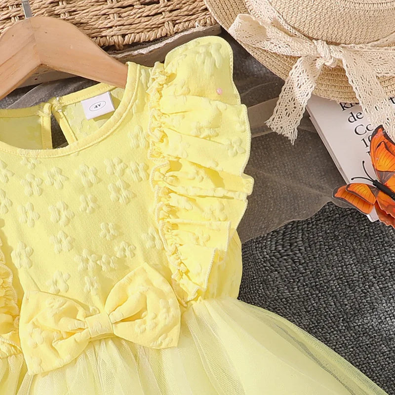 2026 New Children Cute Puff Dresses Kids Bow Embellish Butterfly Print Skirt Girls Birthday Party Trend Gown Baby Sweet Clothes