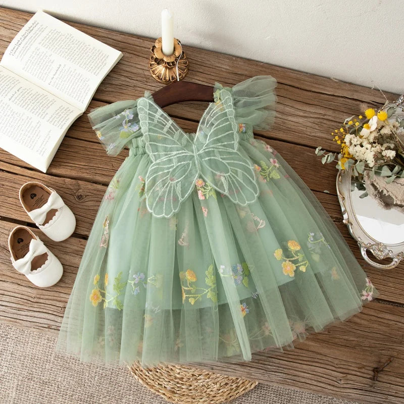 Floral Mesh Ball Gown Dress For Baby Girls Princess Style With Full Skirt And Floral Applique