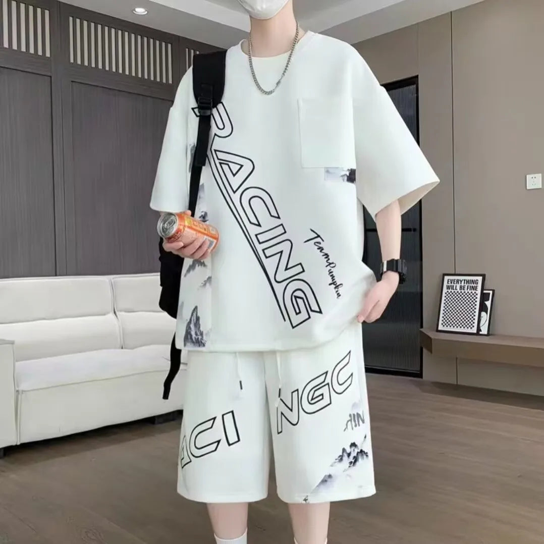 Summer Men'S Large Suit S-6Xl New Trendy Two Piece Set Korean High Street Fashion T-Shirt Shorts Tracksuits Designer Clothes Men
