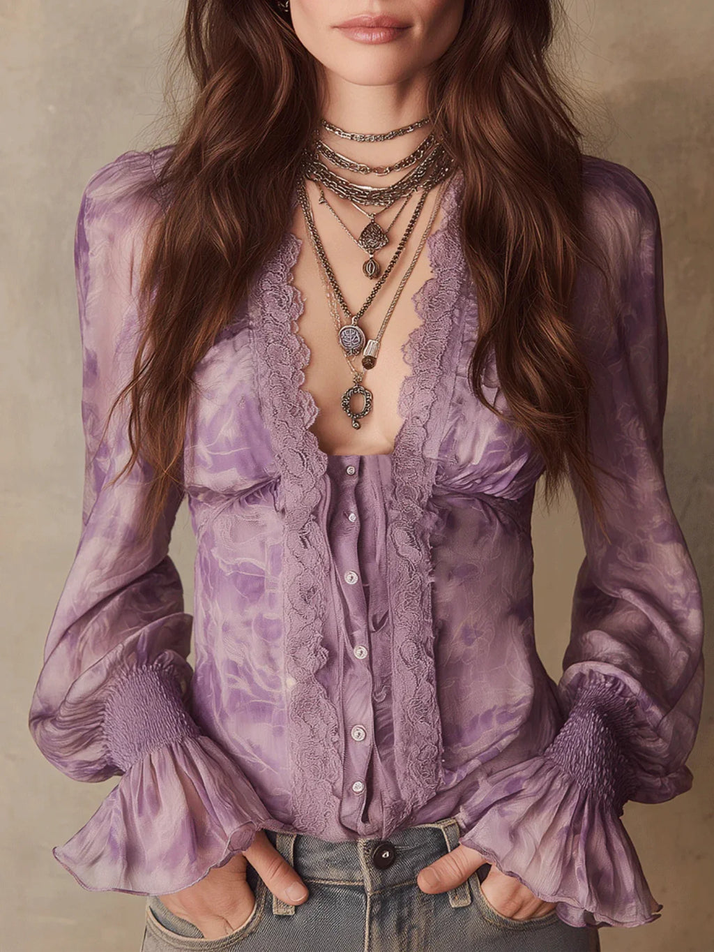 Women's V Neck Long Sleeve Blouse Tie Dye Print Smocked Flare Cuff Button Front Loose Casual Ladies Shirt
