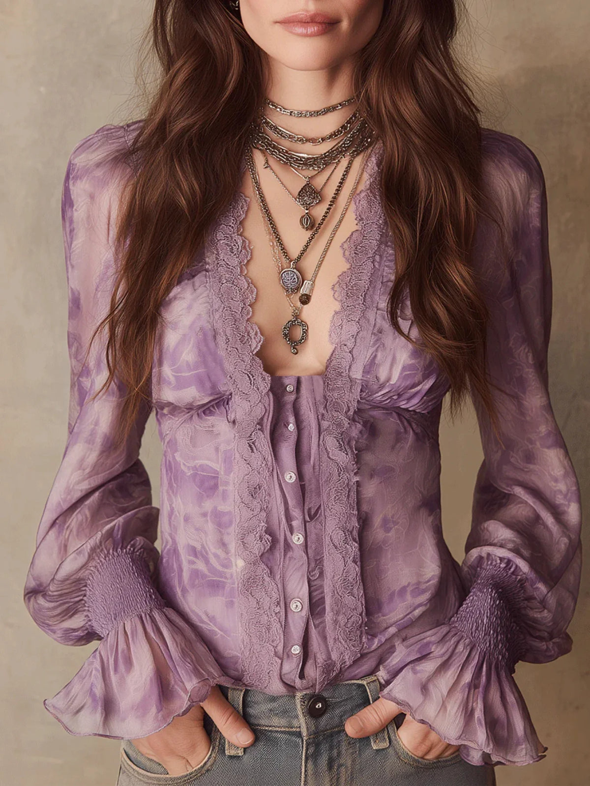 Women's V Neck Long Sleeve Blouse Tie Dye Print Smocked Flare Cuff Button Front Loose Casual Ladies Shirt