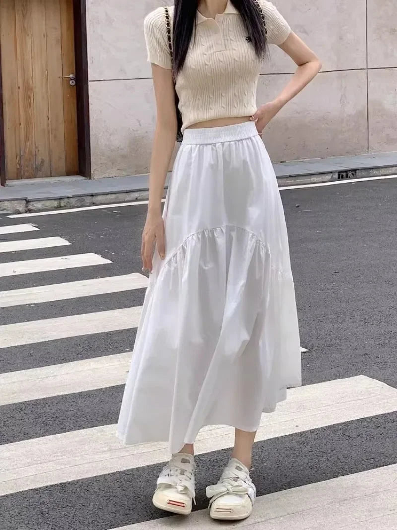 Elegant Women's Skirt Autumn New A-line Simple Fashion Solid Color Bustier Korean Pleated Splicing Elastic Waist Long Skirt