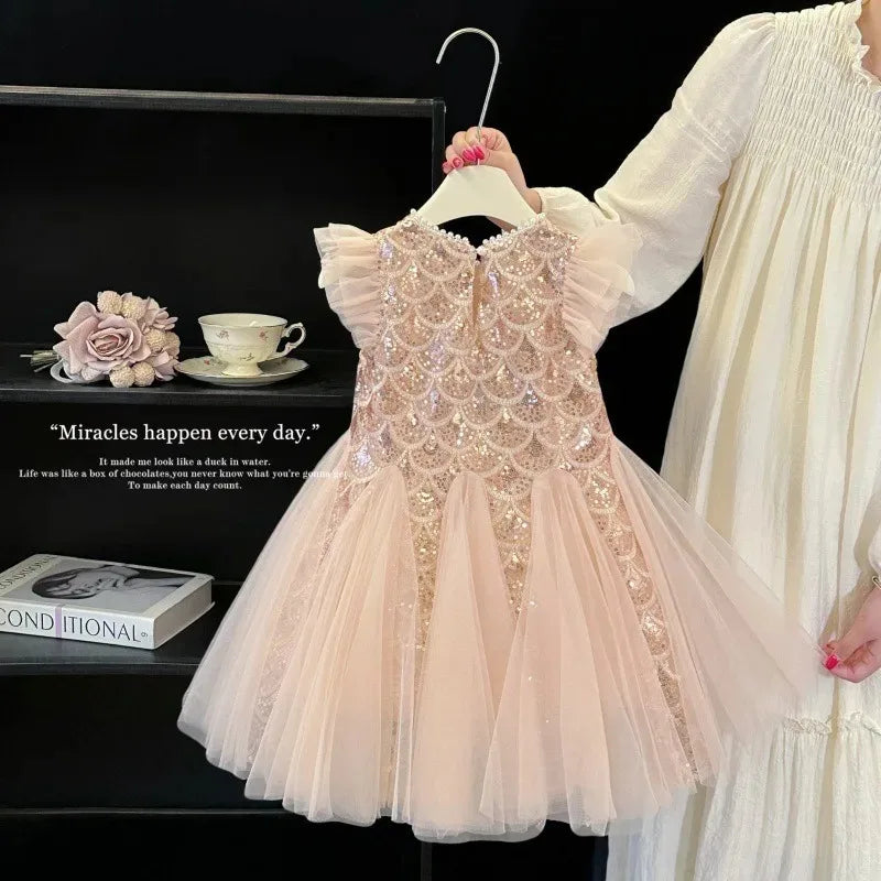 2026 New Summer Party Dresses for Girls Children's Elegant Fashion Mesh Flying Sleeves Sequined Tank Top Princess Skirt S3069