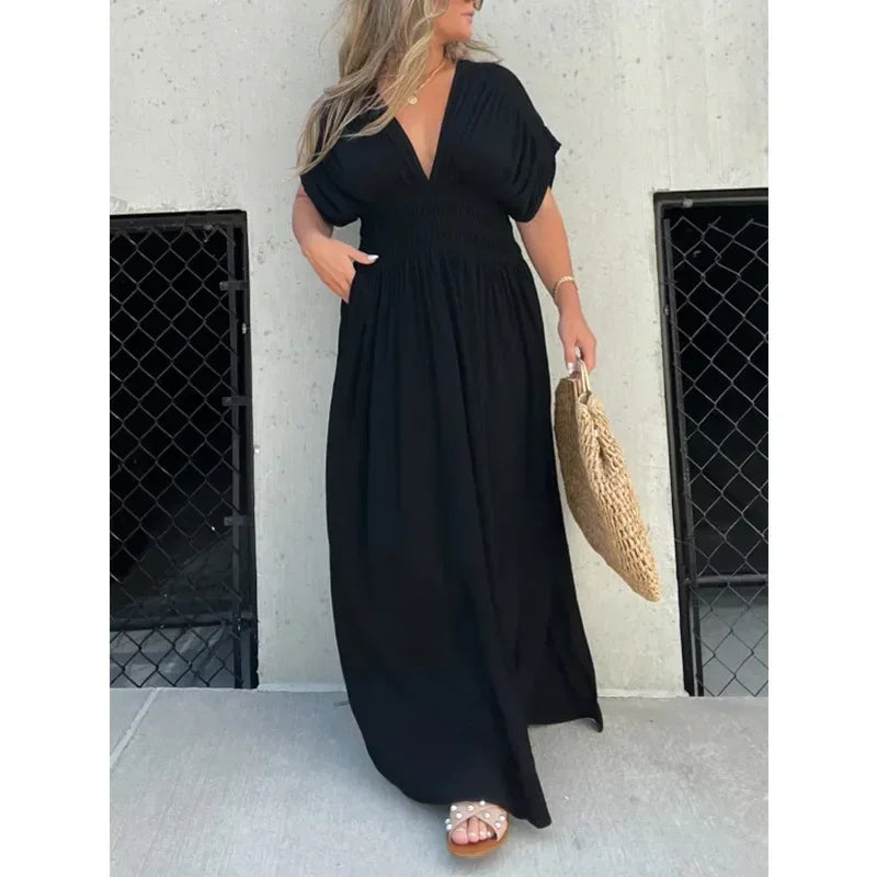 Slit V-neck Effortless Maxi Dress Solid Color Women Backless Leace-up Bat Sleeve Slit Dress Casual Beach Vacation Daily Wear