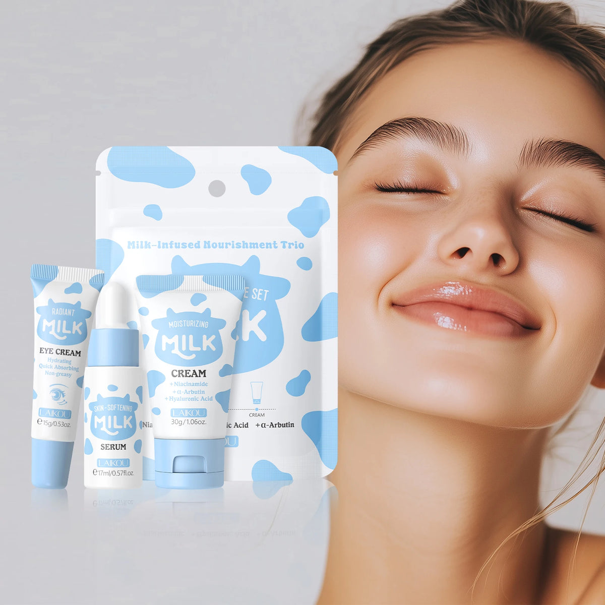 LAIKOU Milk Glowing Trio Skincare Set - Hydrating Serum & Cream Kit