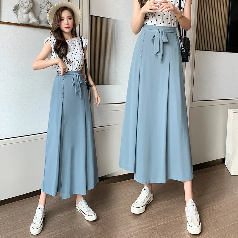 Summer Elastic Pleated Skirt Women Chiffon Trouser Skirt High Waist Casual Wide Leg Pants Fashion Streetwear Pants Pantalones