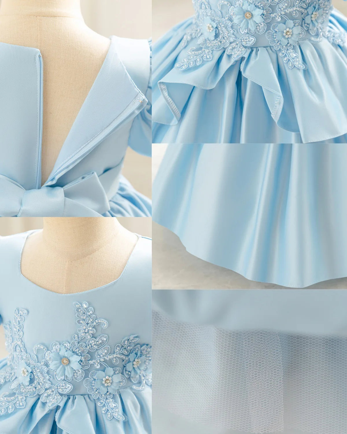 HETISO Baby Girls Appliques Flower Solid Satin Princess Fashion Dresses Ball Gown for Party Birthday New Year 6M-4 Years