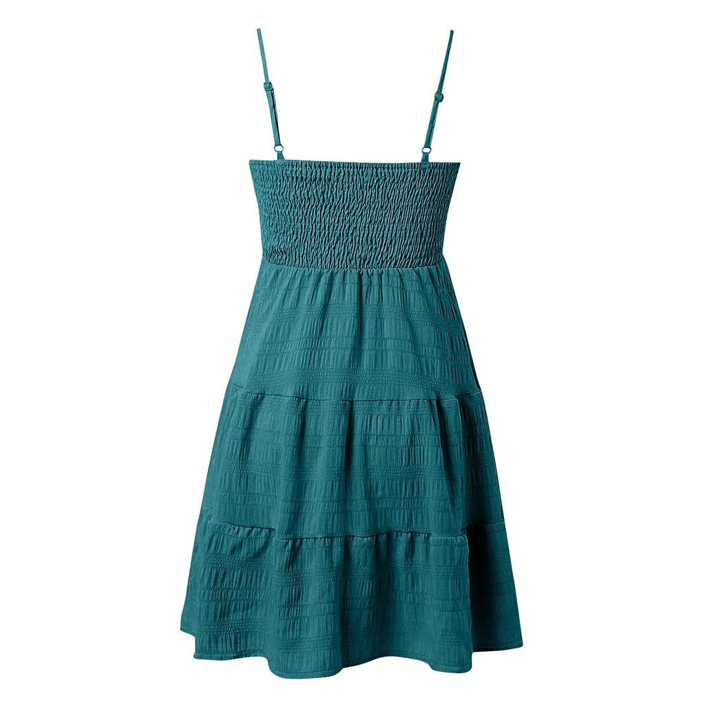 Bohemian Beach Sundress Women Sexy Sleeveless Backless Big Swing Mini Dress Solid Spaghetti Strap Ruffles Dresses Vestidos