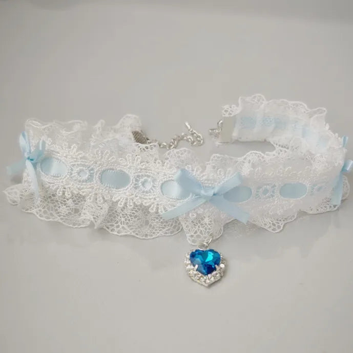 Lace Bow Necklace With Heart Gem Charm For Lolita Cosplay And Wedding Jewelry Collection