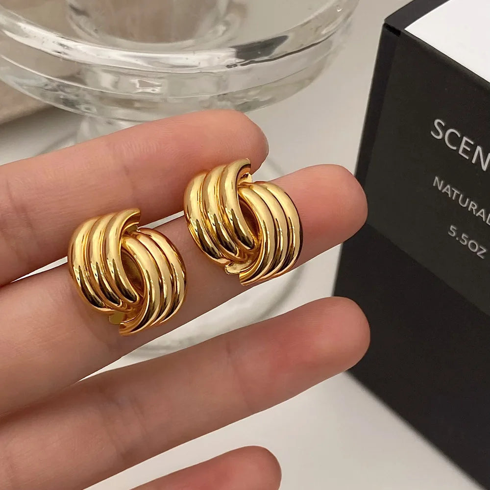 Fashion Glossy Three-Layer Textured Intersecting Knot Earrings For Women'S Gold Color Stainless Steel Earring Vintage Jewelry