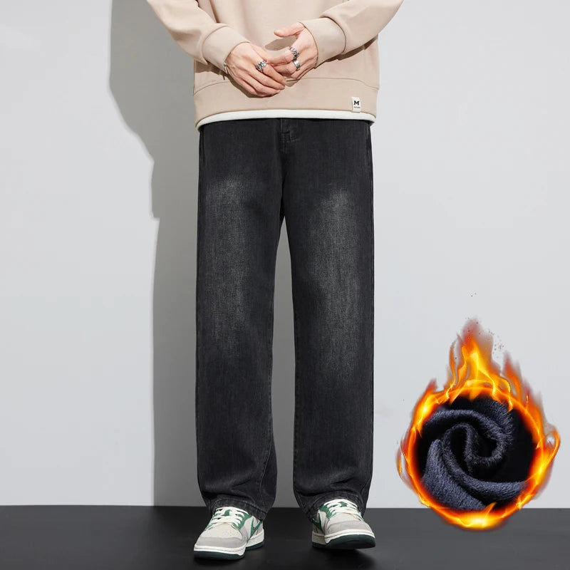 Winter Jeans Warm Fleece Thick Men's Wide Legs Denim Pants Fashion Loose Straight Retro Plush Velvet Casual Trousers Streetwear