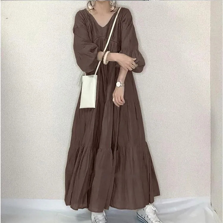 Summer Dress Women's Casual Long Sleeve V Neck Dresses Olive Green Loose Fit Maxi Dress Tiered Skirt A Line Flared Shirt Dress