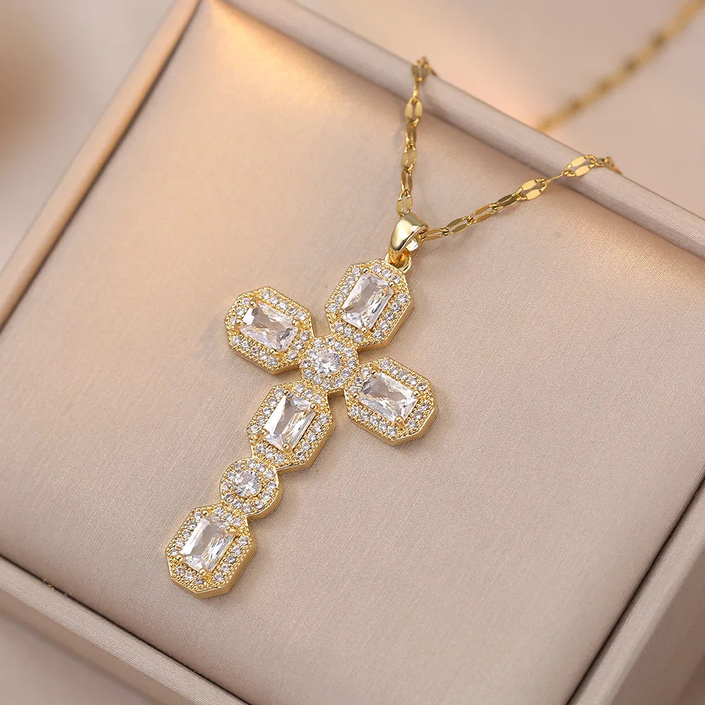 Luxury Big Cross Pendant Clavicle Necklaces For Women'S Silver Gold Color Square Pink White Zircon Choker Valentine Jewelry Gifts