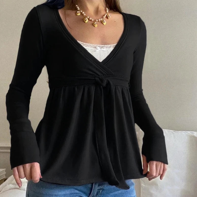 Maemukilabe Women's V-Neck Long Sleeve T-Shirt - Vintage Y2k Style