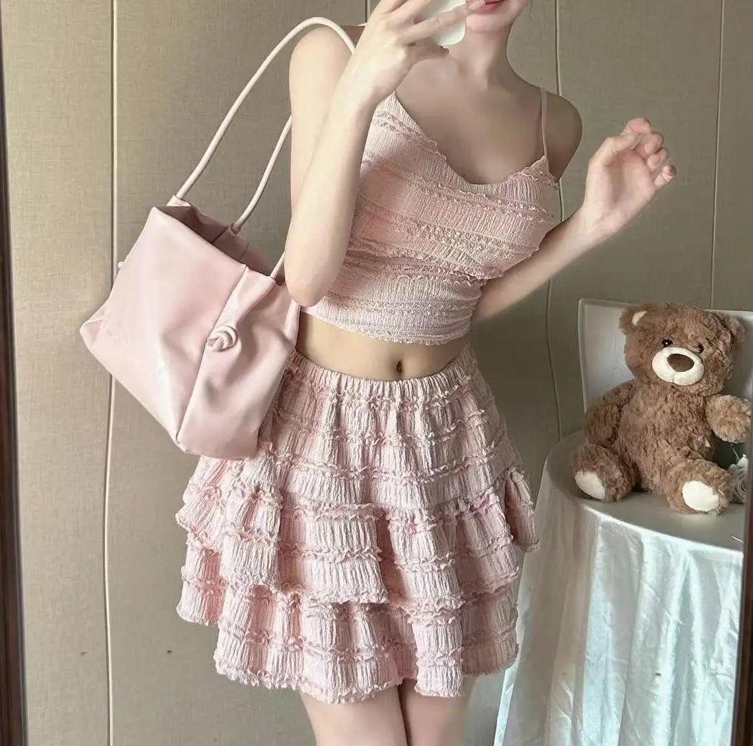 Ballet Style Puffy Short Skirt Women Summer Lace Crop Top Design Sensation Half Skirt Pure Desire Sweet And Spicy Set