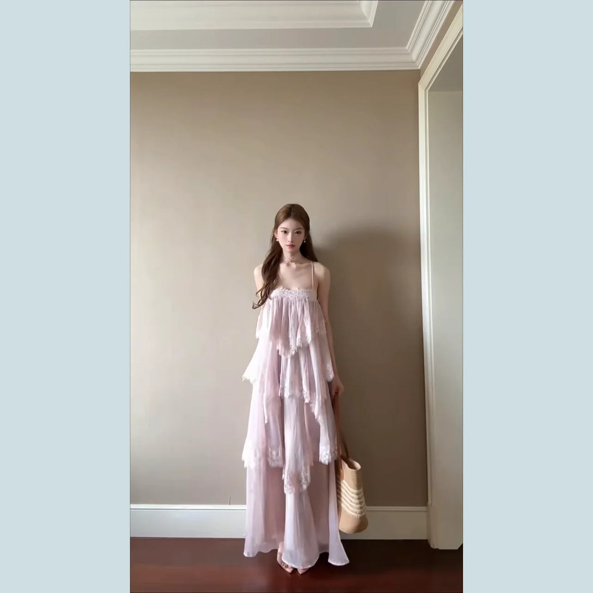 Summer Pink Lace Halter Dress Women's plus Size Casual Style Cake Skirt Loose Fit Backless Design Vacation Wear Polyester Fiber
