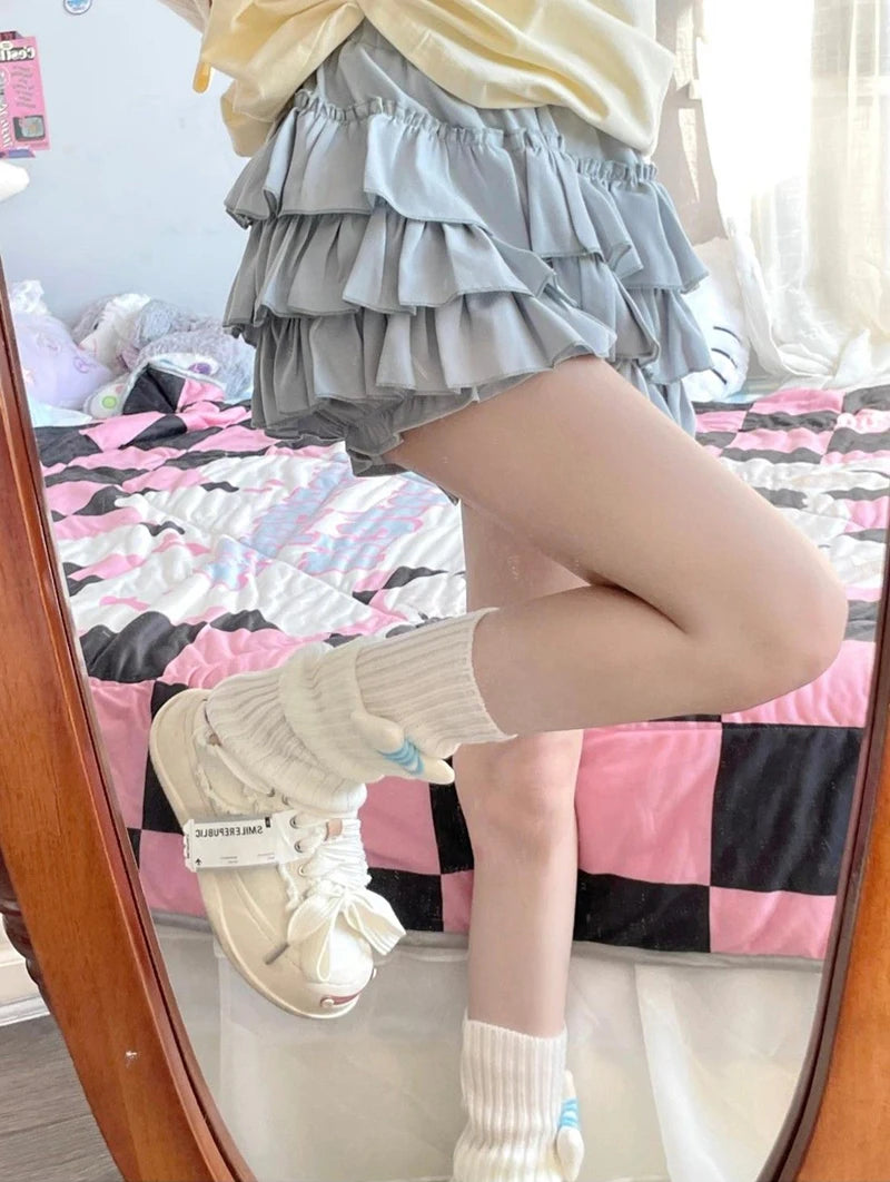 Pastel Tiered Ruffle Mini Skirt with Built-in Bloomer Shorts Layered Frill Skort Women Soft-Girl Kawaii Lolita Jirai Kei Sukapan