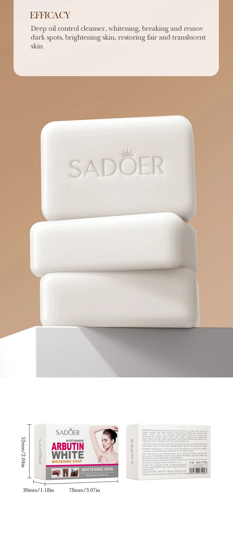 SADOER Niacinamide Arbutin Facial Soap - Moisturizing Brightening Bar