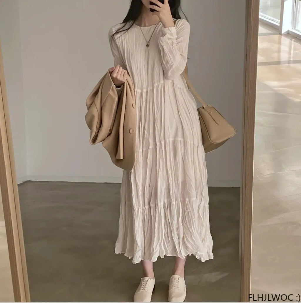 Autumn Spring Wrinkle Loose Dresses New Hot Women Cute Japan Style Retro Vintage Girls Holiday Casual Solid Apricot White Dress