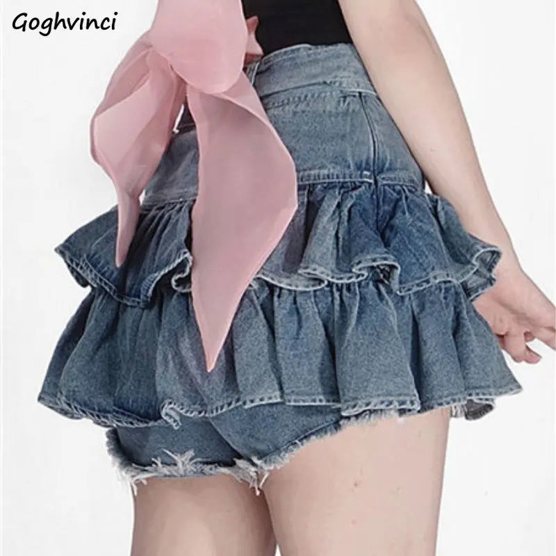 Mini Denim Skirts Women Summer Japanese Style Sweet Heart Ruffles Design Y2k Chic High Waist Distressed Aesthetic Fashion Faldas