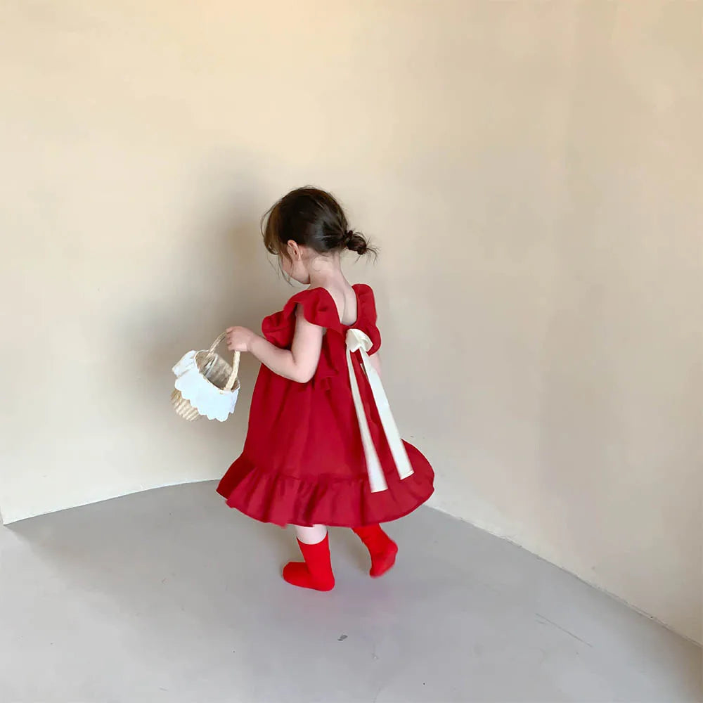 Bear Leader Summer Flying Sleeve Dress For Girls With Ruffle Back Bowknot A Line