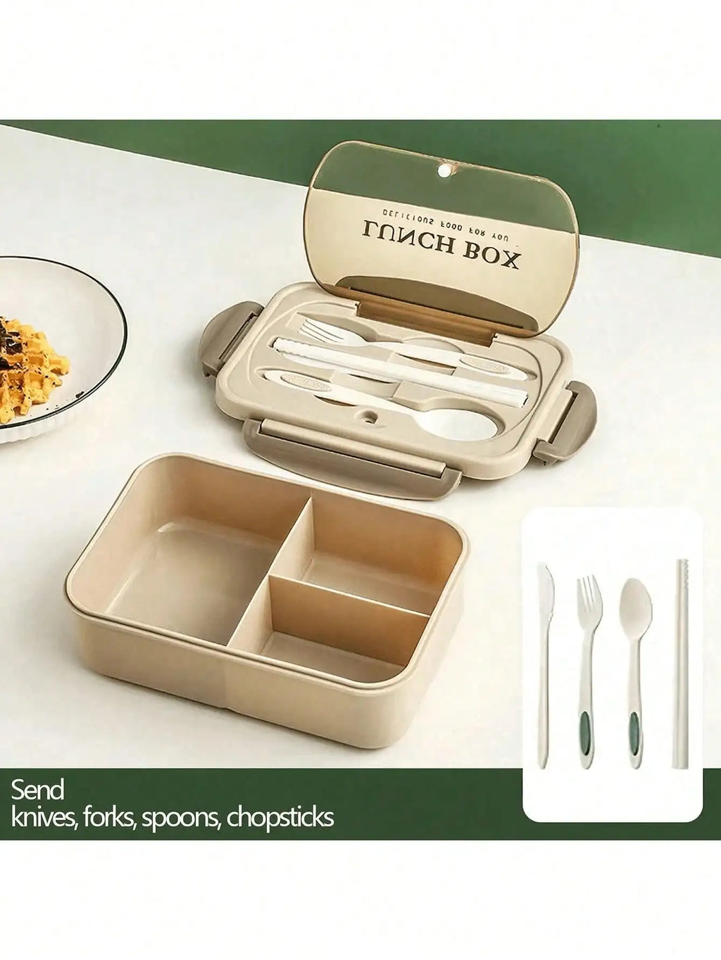 1pc Lunch Box with Two Compartments, Built-in Cutlery Set, Reusable and Microwave Heated (with Lid Removed), Suitable for Kitche