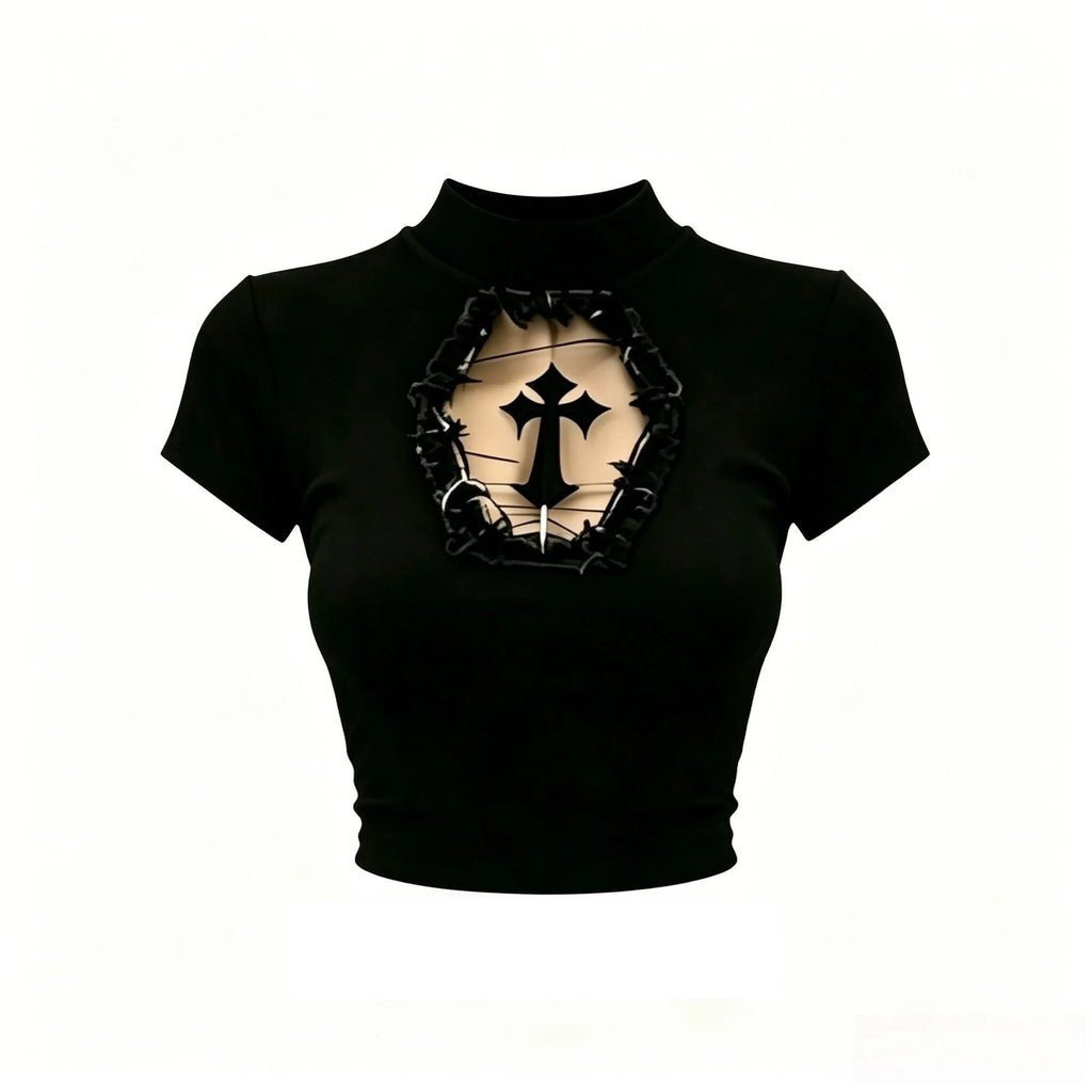 Y2K Gothic Basic T-shirt Women Cyber Punk Aesthetic Cross Mesh Patchwork See Through Crop Tops O-neck Short Sleeve Tee Slimming