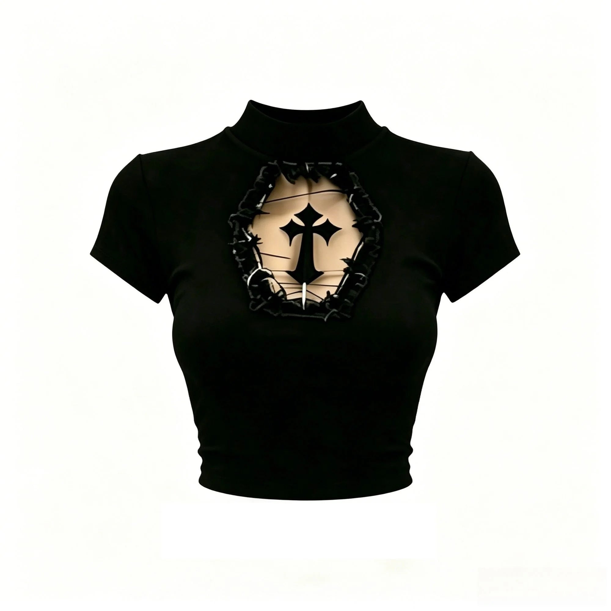 Y2K Gothic Basic T-shirt Women Cyber Punk Aesthetic Cross Mesh Patchwork See Through Crop Tops O-neck Short Sleeve Tee Slimming