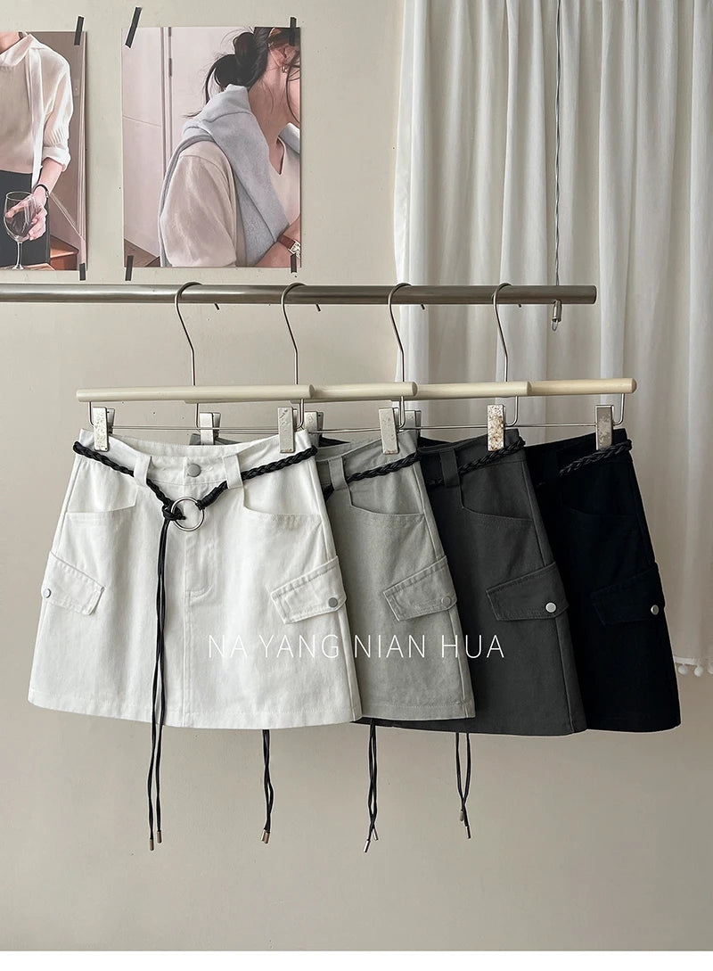 Beiyingni American Style Women's Short Denim Skirt Belt Vintage Fashion Summer High Waist A-line Skirts Female Streetwear Skirt