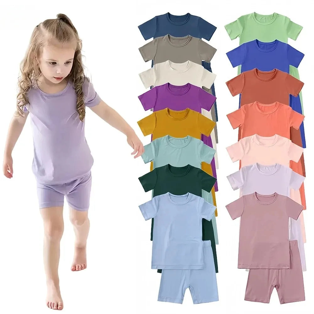 2-Pcs Summer Children's Bamboo Fiber Short-sleeved Shorts Suit Boy Casual Breathable Top Baby Girl Pink Sweet Soft Home Clothes