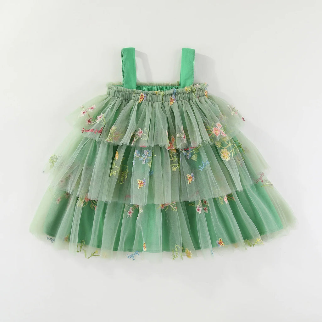 Summer Kids Clothes Girls Floral Embroidery Mesh Dress 1-5Y Children Spaghetti Strap Princess Tutu Dress Beach Wear