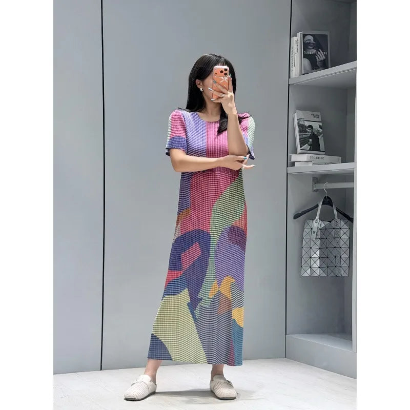 Miyake Pleated Dresses 2026 Summer New Fashion Printed Round Neck Short Sleeve Elegant Women's Draped Elastic Wrinkle-Free Dress