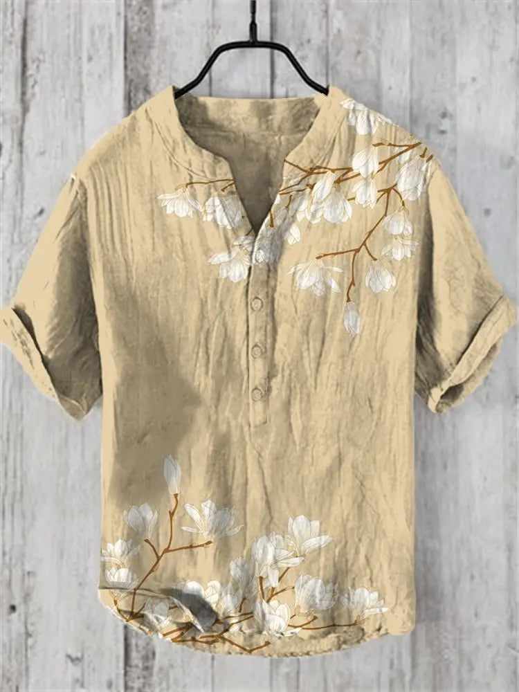 Men's New Linen Blended Shirt Japanese Samurai Comfortable Casual Top Retro Printed Men's Clothing