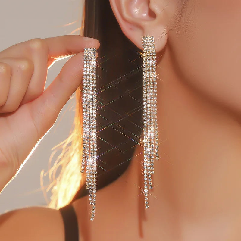 Treazy Shiny 4 Lines Rhinestone Crystal Tassel Long Earrings For Women'S Wedding Hanging Dangle Earrings Bridal Brincos