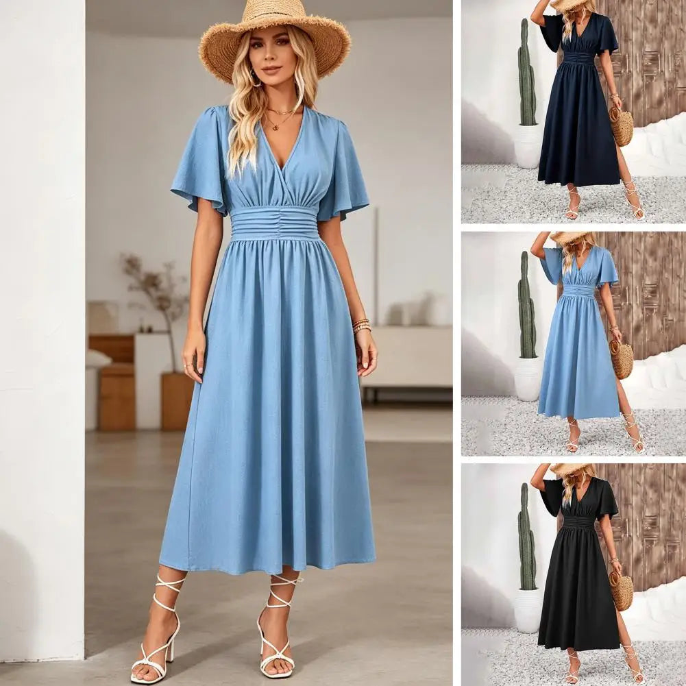 Women Summer Dress V Neck Short Sleeve Long Flowy A-line Slit Beach Sundress Formal Cocktail Wedding Guest Dress Elegant