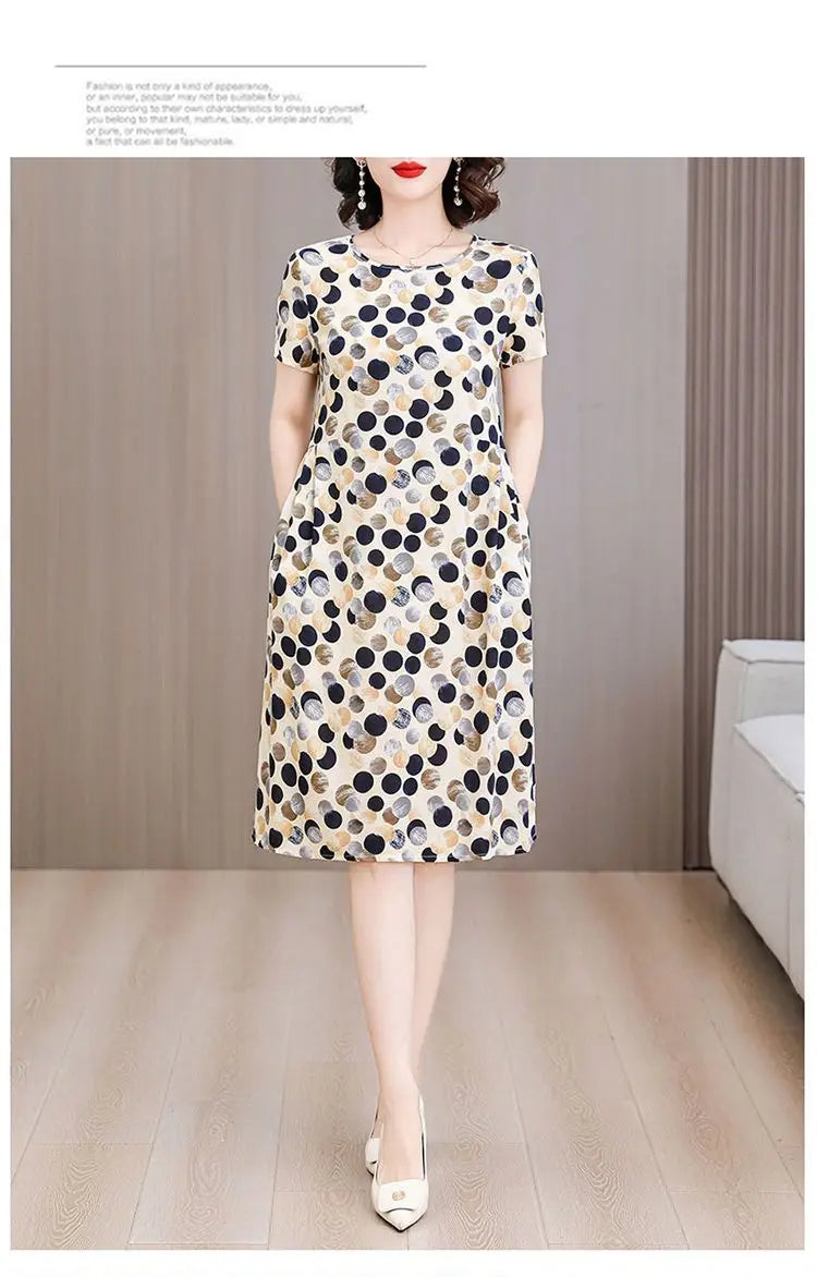 Women Summer Cotton Midi Dress Polka Dot Print Round Neck Short Sleeve Loose Casual Home Outdoor Dress S 4XL